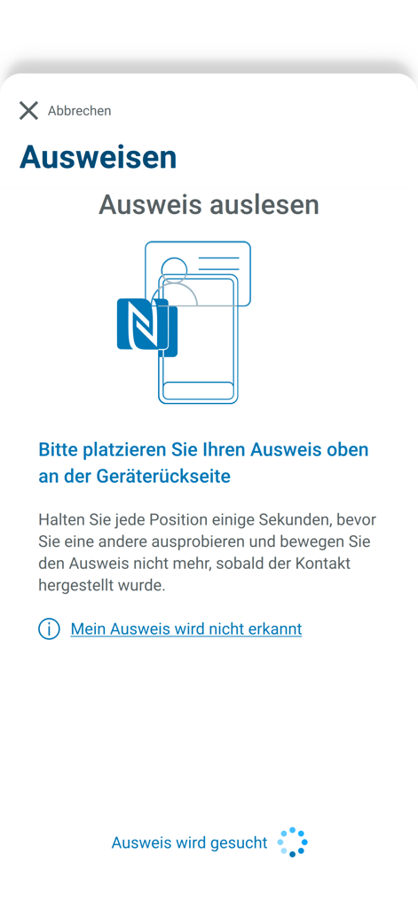 AusweisApp Bund interface showing the identification process by scanning a German ID card via NFC.
