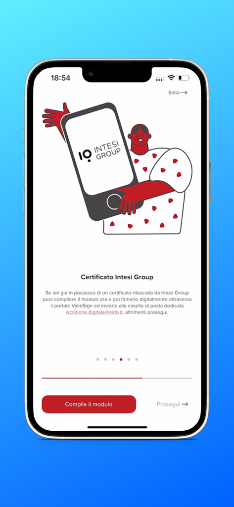 AIDO - A registration screen in the digitalAIDO app for users with an Intesi Group digital certificate.