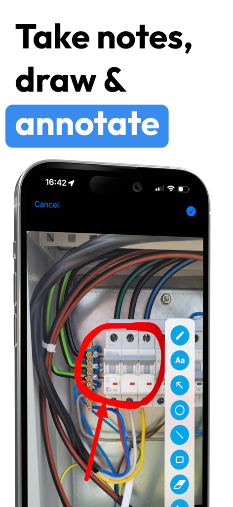 UploadCam. Company Camera - UploadCam app interface showing a red circle and arrow drawn on a photo of an electrical panel for professional documentation