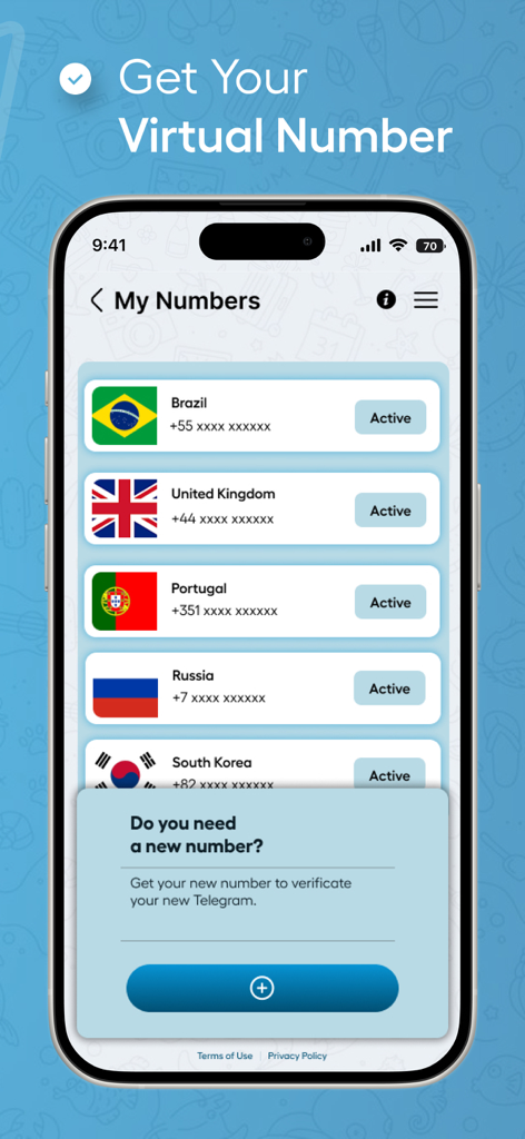 Interfaccia dell'app Teleg Sim che mostra numeri virtuali attivi per più paesi