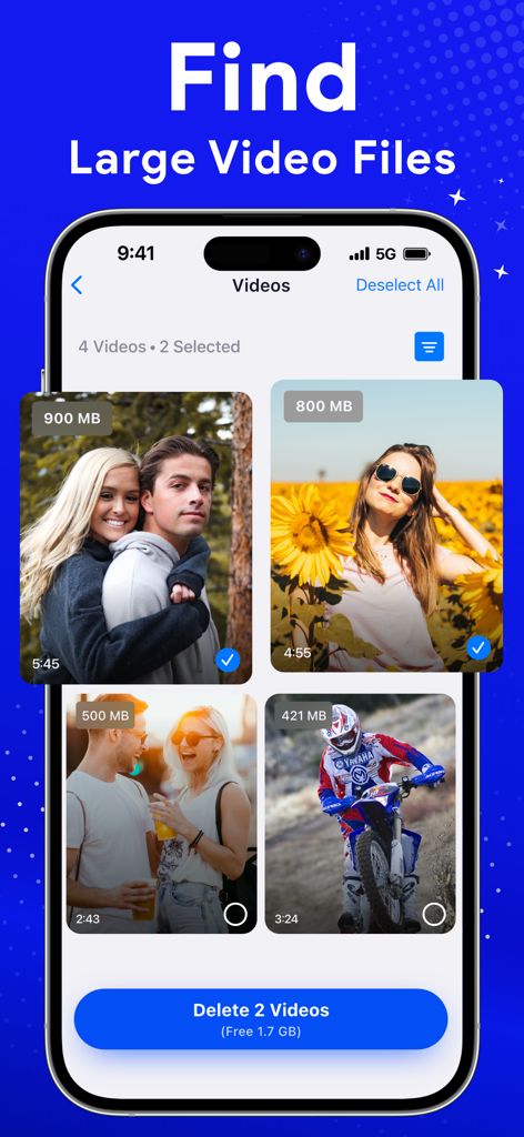Interfaz de aplicación móvil mostrando archivos de video grandes seleccionados para eliminar y liberar 1.7 GB de espacio de almacenamiento