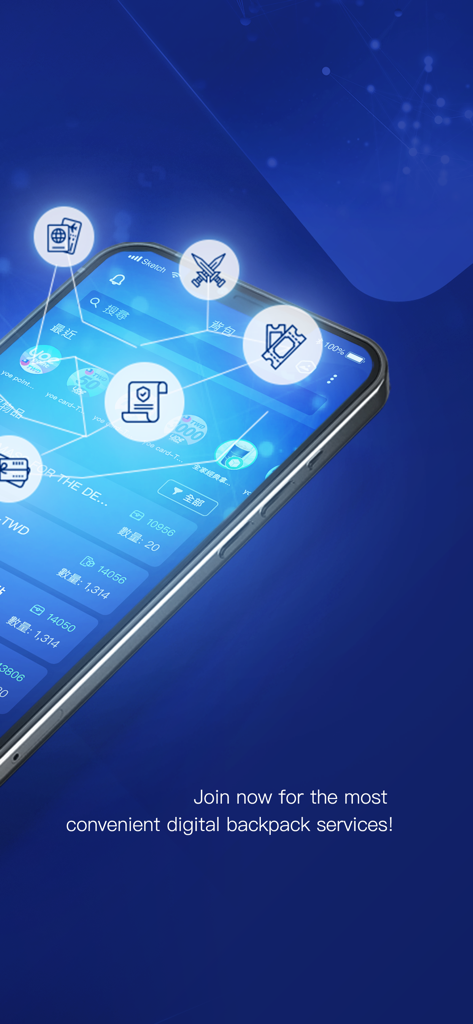 Ein Smartphone zeigt die Benutzeroberfläche der QPP Digital Backpack App mit schwebenden Symbolen für digitale Gegenstände wie Tickets, Reisepässe und Mitgliedskarten