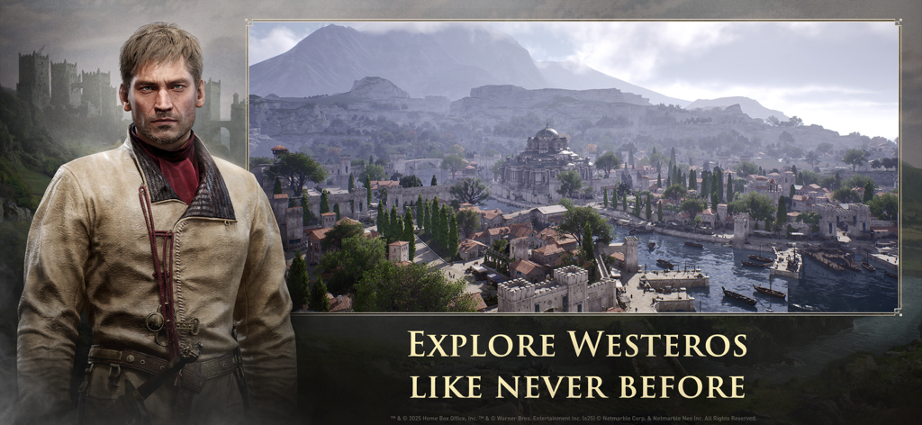 Game of Thrones Kingsroad exploration screen featuring a noble character and a panoramic view of Kings Landing