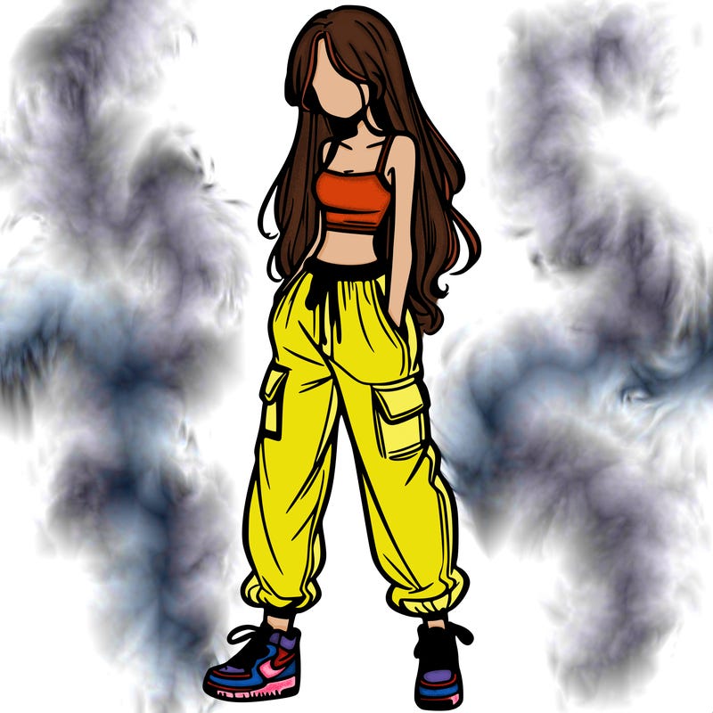 girl in baggy pants crop top and long hair