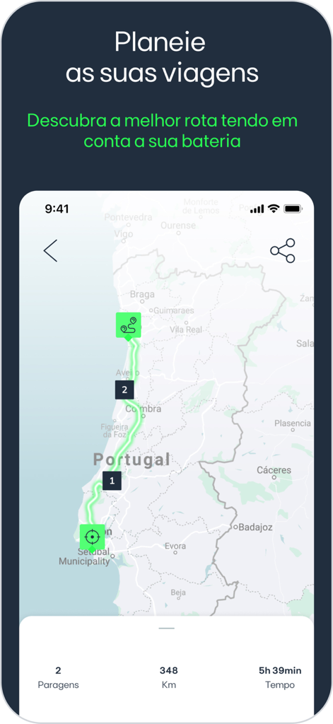 EDP Charge - Ecrã de planeamento de viagens da aplicação EDP Charge mostra uma rota de VE através de Portugal com paragens de carregamento e duração da viagem.