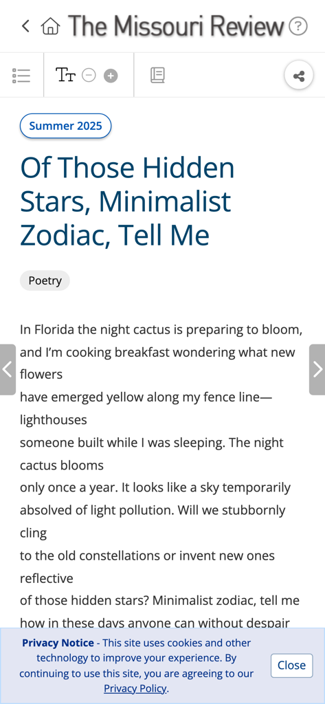 Reading interface of The Missouri Review app displaying a poem titled Of Those Hidden Stars Minimalist Zodiac Tell Me from the Summer 2025 issue.