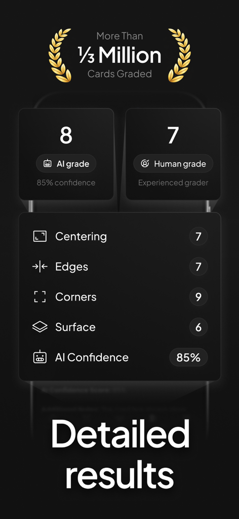 Detailed card grading results screen comparing AI and human grades with subscores for centering edges corners and surface