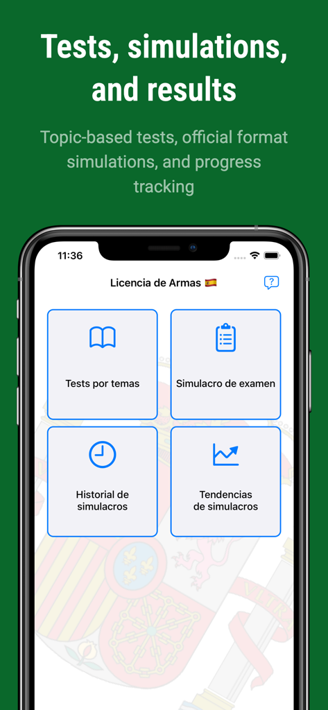 Licencia de Armas - España - Interfaz principal de la aplicación móvil Licencia de Armas España que muestra opciones para pruebas de práctica, exámenes de simulación y analíticas de progreso.
