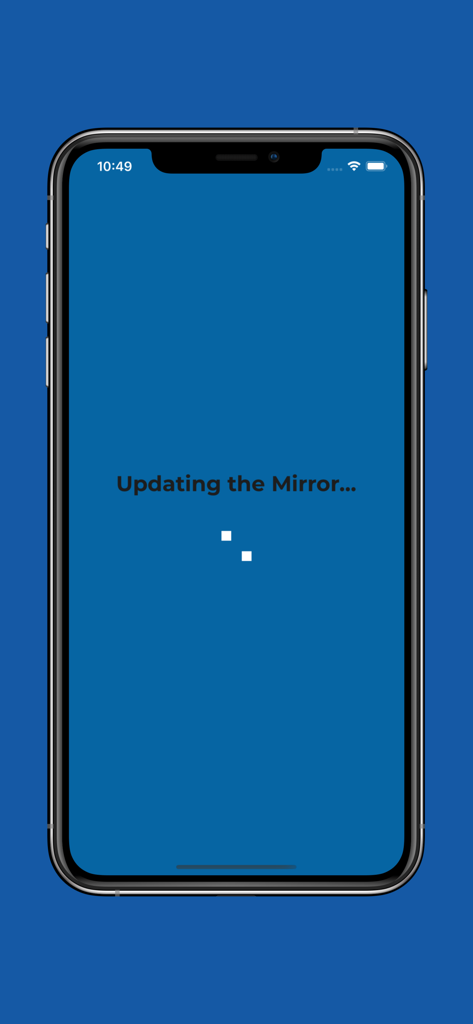 Mirror Study Bible - An iPhone displaying the Mirror Study Bible app with an updating status message on a blue background