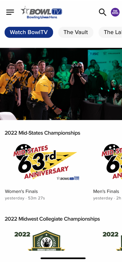 BowlTV - BowlTV app home screen showing professional bowling tournament coverage and replay videos