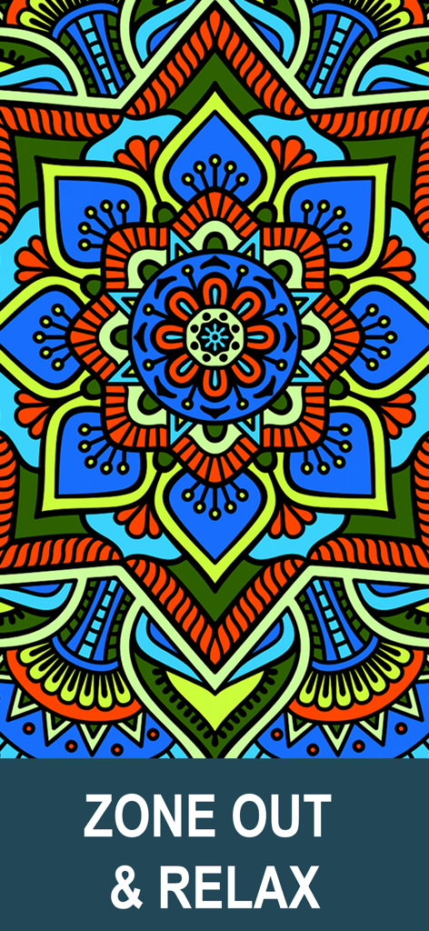 Coloring Book for Adults. - A vibrant and detailed blue and orange mandala pattern with text saying Zone Out and Relax
