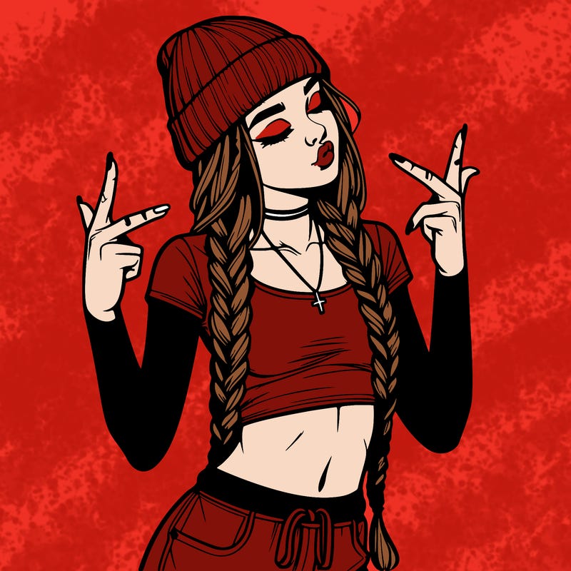 realistic teenage girl with braids and a beanie and crop top doing 🫶🏼