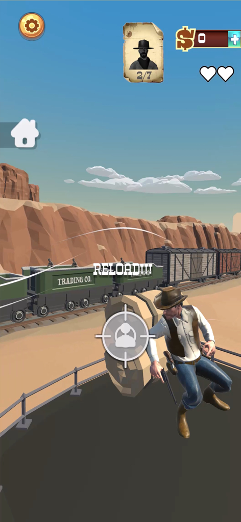 Wild West Cowboy Redemption - Un personaje vaquero recargando su arma en un cañón desértico junto a un tren de carga