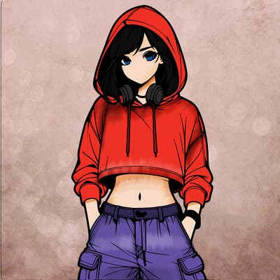 a realistic girl with a cropped hoodie and some cargo pants