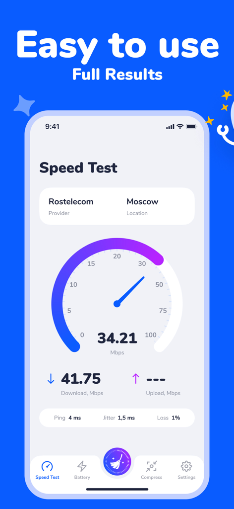 Smart Cleaner・Storage Clean Up - Smart Cleaner app showing an internet speed test interface with download speed and connection quality metrics