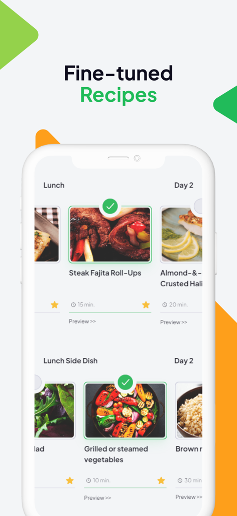 Mobile app screen showing a variety of healthy Mediterranean lunch recipes with preparation times and nutritional details.