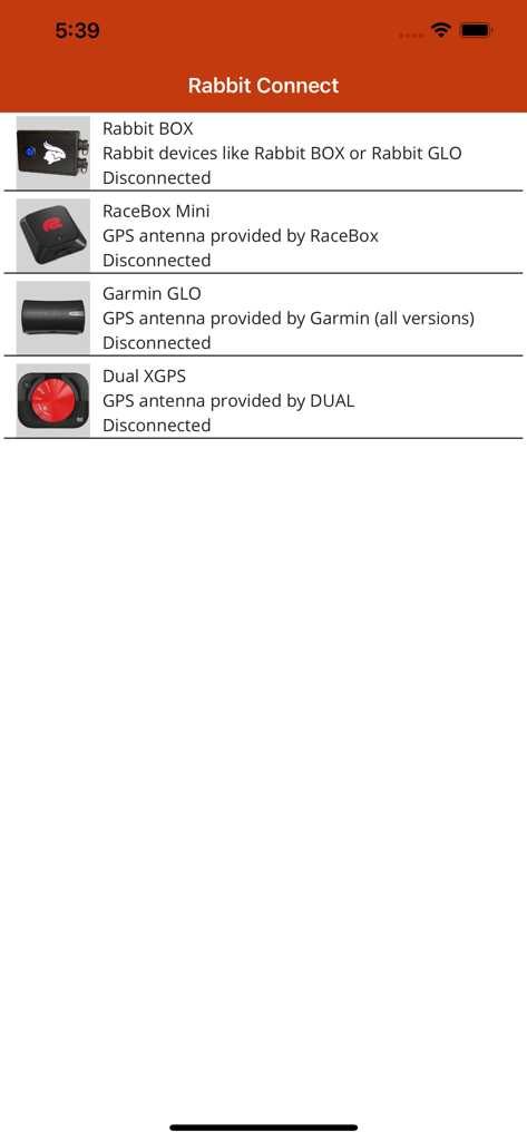 Interfaz de la aplicación Rabbit Connect mostrando dispositivos GPS Bluetooth externos compatibles como Rabbit BOX, RaceBox Mini, Garmin GLO y Dual XGPS