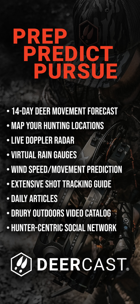 DeerCast app summary featuring deer movement forecast hunting maps and tracking tools for hunters