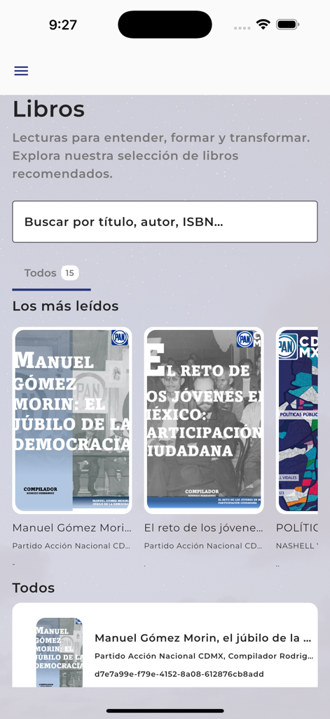 Partido Accion Nacional - Écran de bibliothèque numérique de l'application PAN montrant des livres politiques recommandés et une barre de recherche