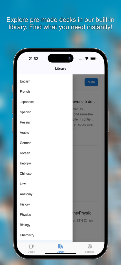 MemU –Smart Flashcard Learning - Interfaz móvil de la aplicación MemU que muestra una biblioteca de mazos de estudio para idiomas, derecho y ciencia