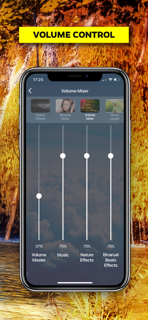 Yellow Brick Cinema - Yellow Brick Cinema app volume mixer screen showing sliders for master volume, music, nature effects, and binaural beats.