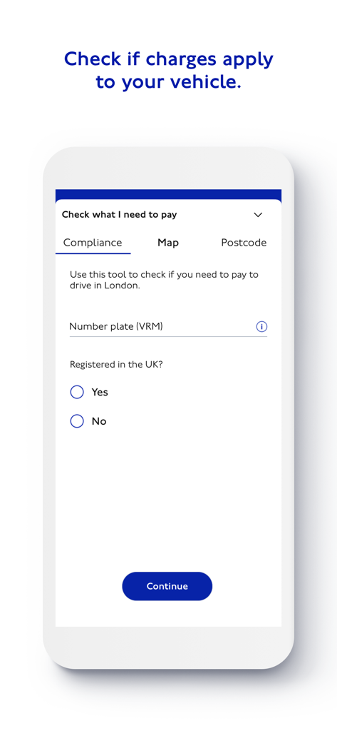 TfL Bezahlen, um in London zu fahren App zur Überprüfung der Fahrzeugkonformität