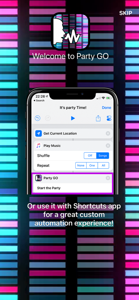 PartyGO for Philips Hue Lights - Apple 단축어를 사용하여 조명 자동화를 설정하는 방법을 보여주는 PartyGO 앱