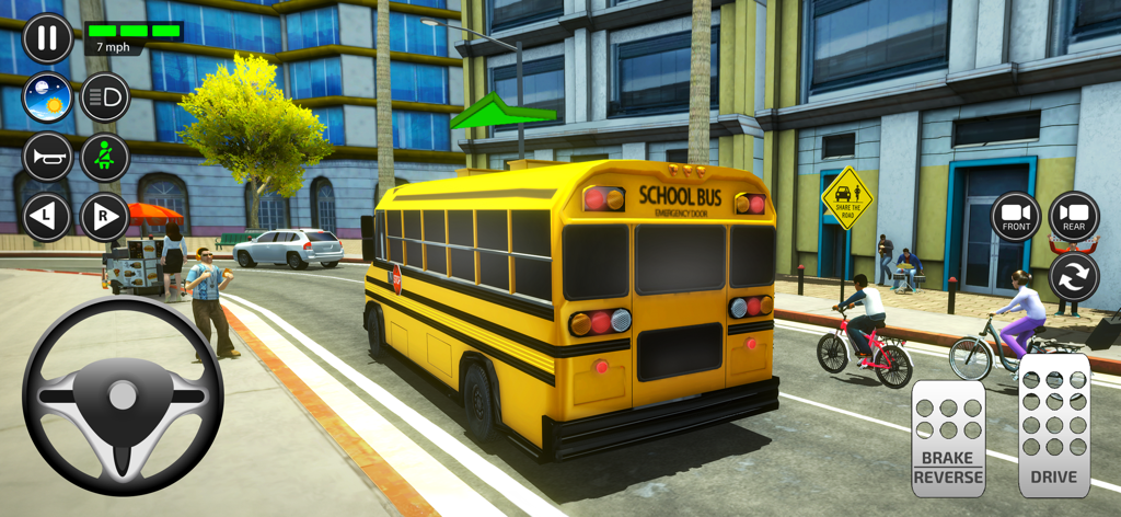 Driving Academy: Car Games - Jugabilidad de un autobús escolar amarillo circulando por una calle de la ciudad en el simulador Driving Academy Car Games.