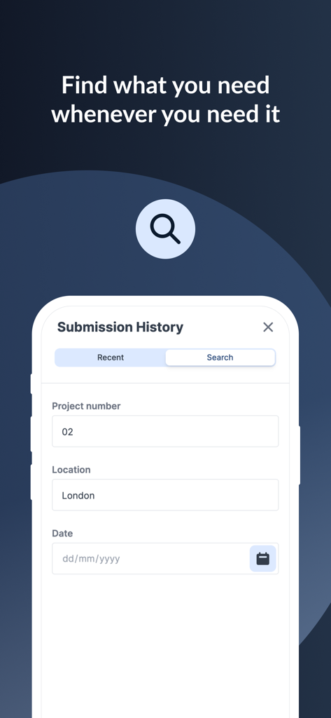 Interface of MoreApp Forms showing the submission history screen with search filters for project number and location.
