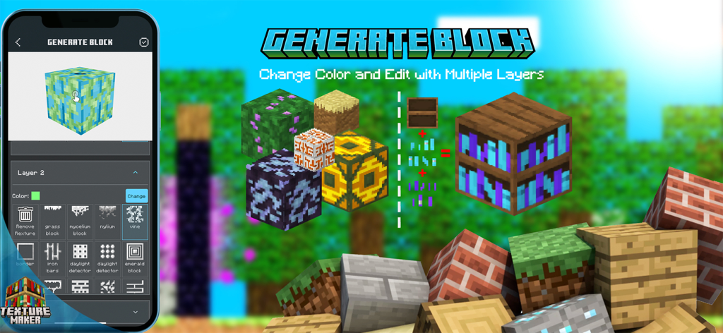 Texture maker for Minecraft PE - Mobile app interface for creating and editing custom Minecraft blocks using multiple layers