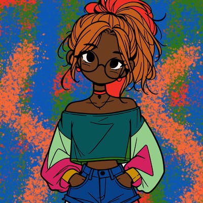 girl with a messy ponytail glasses a baggy crop top and jean shorts