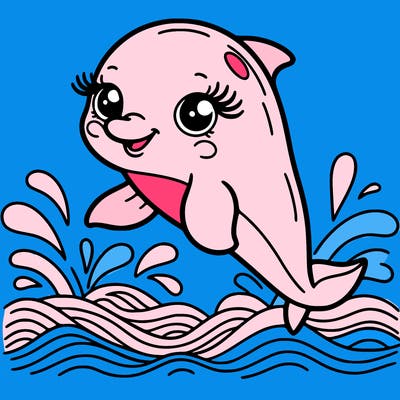 cute dolphin, smiling, long eyelashes, jumping over sea waves