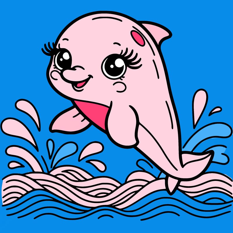 cute dolphin, smiling, long eyelashes, jumping over sea waves