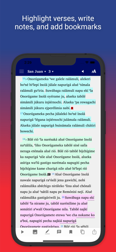 Scripture Earth - Scripture Earth app interface showing bible verses with color highlights and bookmarking features