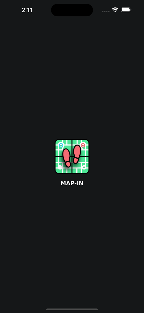 Map-in - Map-in splash screen with logo featuring red footprints on a green indoor grid map.