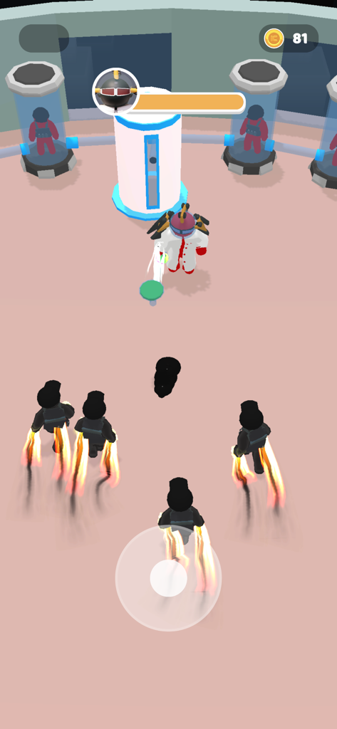 Scientist character facing off against enemies with jetpacks in a lab level of Super Cloner 3D.