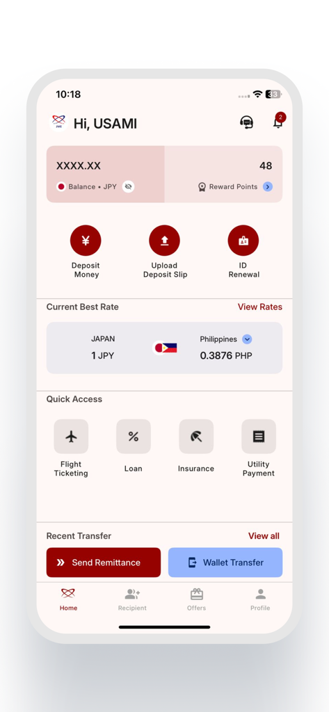 JME Remittance app home screen showing exchange rates for JPY to PHP and financial services menu