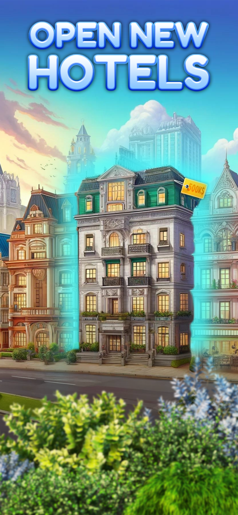 가격표와 '새 호텔 열기' 헤드라인이 있는 웅장한 럭셔리 호텔 건물
