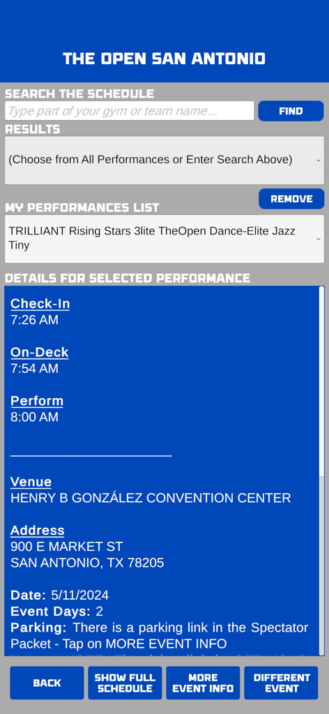 CHEER Official 3D - Screen showing competition performance times and venue details for a cheer event in San Antonio.
