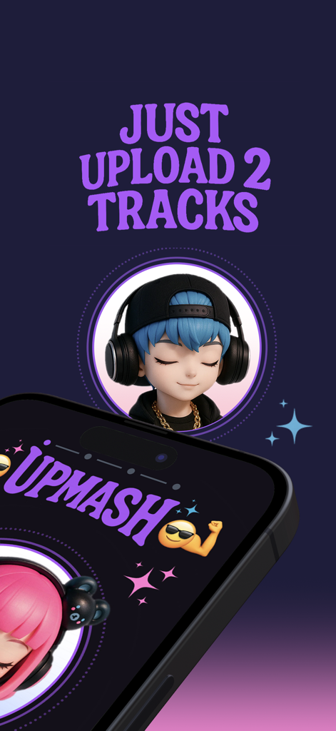 Interface do aplicativo UPMASH com um personagem 3D usando fones de ouvido e o texto Just Upload 2 Tracks