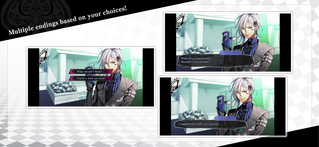 In-game screenshots of Amnesia Memories showing dialogue choices and the character Ikki