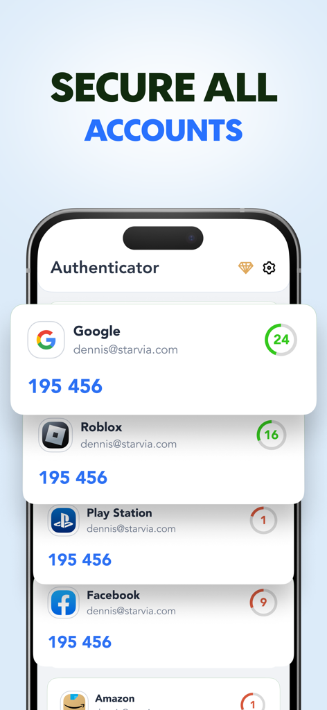 Authenticator App – 2FA & OTP - Interfaz de la aplicación de Autenticación mostrando códigos 2FA para múltiples cuentas