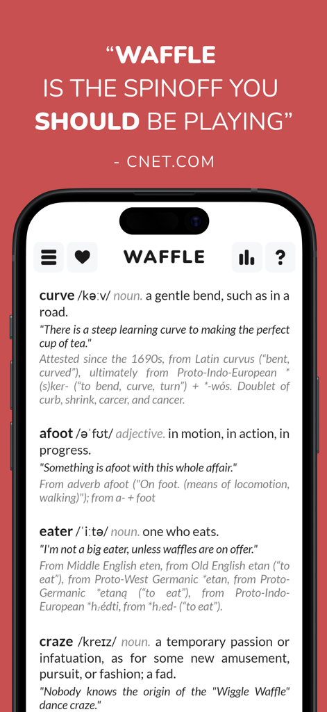 Screenshot dell'app Waffle che mostra definizioni di dizionario per parole e una recensione positiva da CNET.