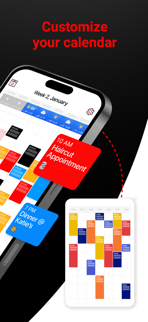Anpassbare Kalender-Oberfläche mit farbcodierten Ereignisblöcken und geplanten Terminen in der Week Calendar App