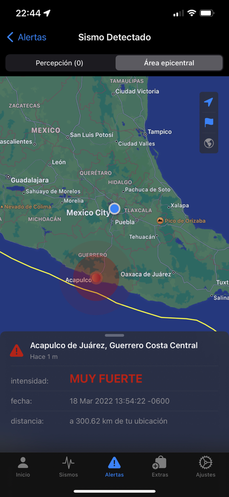 Alerta Sísmica México - SASSLA - Sassla app interface showing a very strong earthquake alert with epicenter near Acapulco Mexico