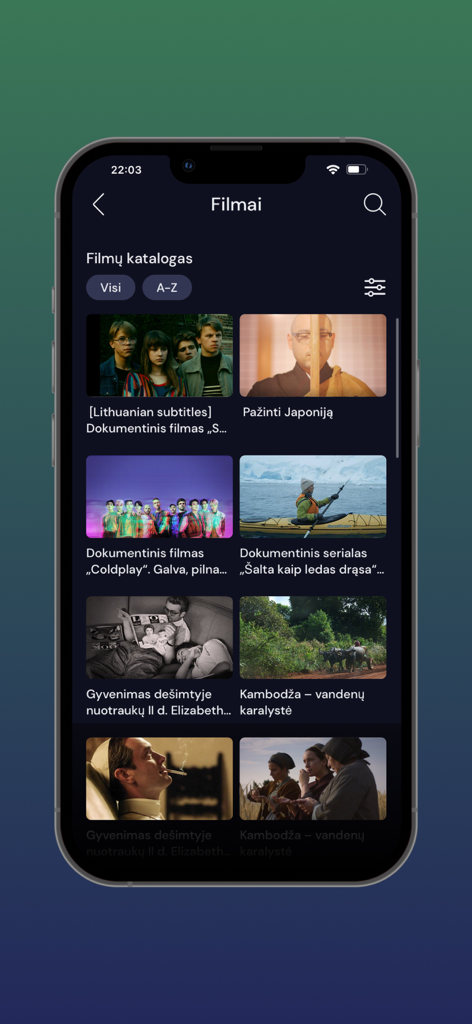 LRT Epika - LRT Epika app interface showing a catalog of Lithuanian movies and documentaries