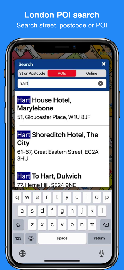 Cabbie's Mate - Cabbie's Mate app screenshot showing a search for points of interest in London with hotel results over an A-Z map