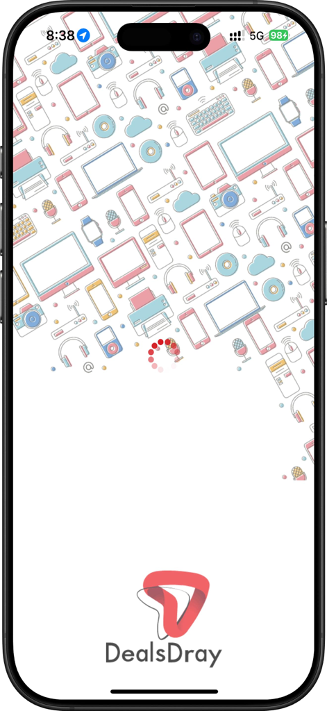 DD App B2R - DealsDray B2R app splash screen featuring the company logo and a pattern of electronic gadget icons