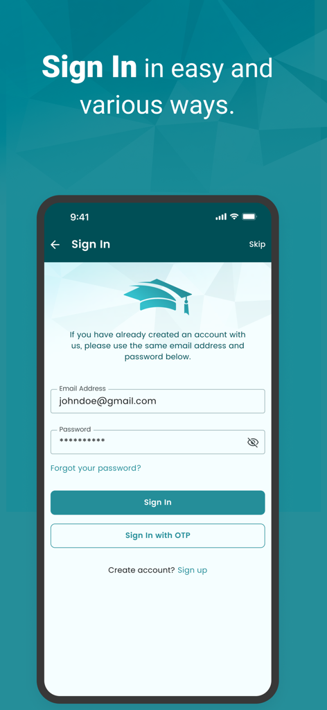 Reed Events - Reed Eventsアプリのサインイン画面。卒業サービス用のメールとOTPログインオプションが表示されます。