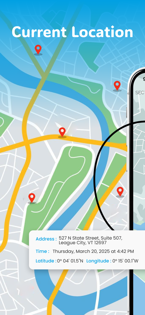 지도 핀과 주소 세부 정보가 있는 현재 GPS 위치를 표시하는 앱 인터페이스.